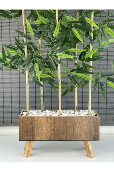 Bahçem Ahşap Saksılı 40cm Ayaklı Dikdörtgen Model Yapay Yapraklı Dekoratif Bambu Seperatör 125cm 5 Gövde