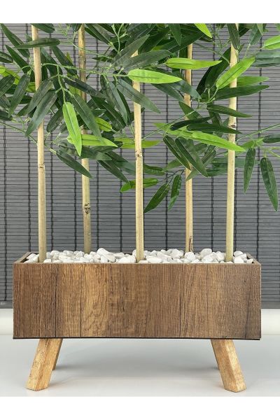 Bahçem Ahşap Saksılı 40cm Ayaklı Dikdörtgen Model Yapay Yapraklı Dekoratif Bambu Seperatör 125cm 5 Gövde