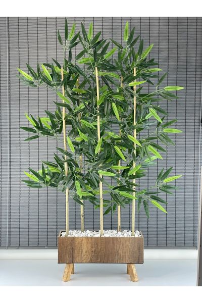Bahçem Ahşap Saksılı 40cm Ayaklı Dikdörtgen Model Yapay Yapraklı Dekoratif Bambu Seperatör 125cm 5 Gövde