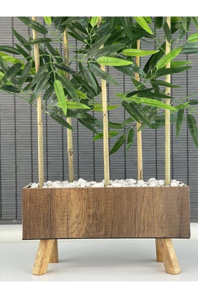 Bahçem Ahşap Saksılı 40cm Ayaklı Dikdörtgen Model Yapay Yapraklı Dekoratif Bambu Seperatör 125cm 5 Gövde