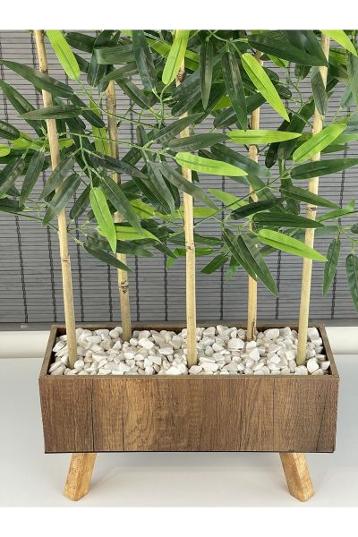 Bahçem Ahşap Saksılı 40cm Ayaklı Dikdörtgen Model Yapay Yapraklı Dekoratif Bambu Seperatör 125cm 5 Gövde