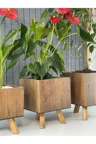 Bahçem Ayaklı Ahşap 3'lü Dekoratif Kare Saksı Seti Çam Rengi İç Saksılı Uslu Ticaret