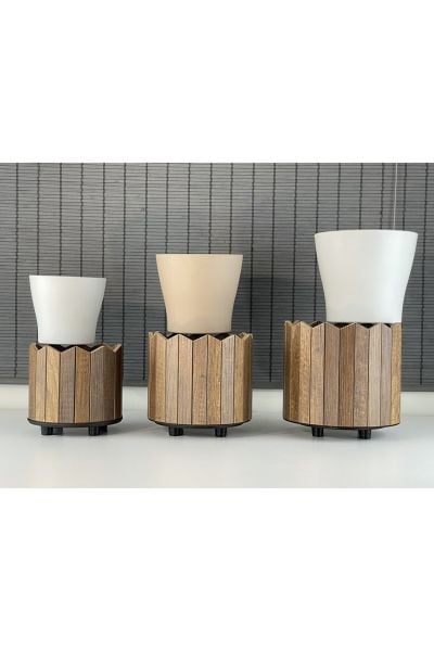 Bahçem Ahşap 3'lü Dekoratif Taç Model Yuvarlak Saksı Seti İç Saksılı Uslu Ticaret