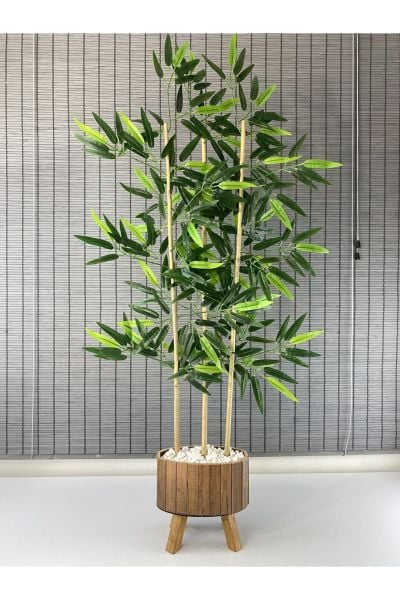 Bahçem Ahşap Saksılı Ayaklı Elips Model Yapay Yoğun Yapraklı Dekoratif Bambu Ağacı 125cm 3 Gövde