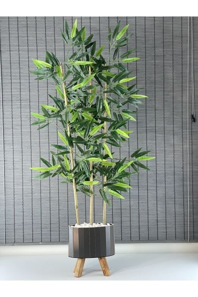Bahçem Ahşap Saksılı Ayaklı Elips Model Yapay Yoğun Yapraklı Dekoratif Bambu Ağacı 125cm 3 Gövde