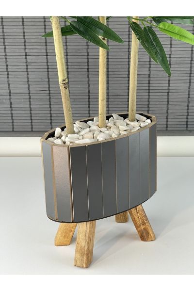 Bahçem Ahşap Saksılı Ayaklı Elips Model Yapay Yoğun Yapraklı Dekoratif Bambu Ağacı 125cm 3 Gövde