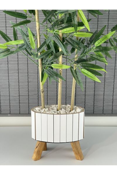 Bahçem Ahşap Saksılı Ayaklı Elips Model Yapay Yoğun Yapraklı Dekoratif Bambu Ağacı 125cm 3 Gövde