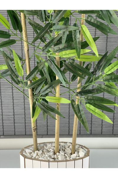 Bahçem Ahşap Saksılı Ayaklı Elips Model Yapay Yoğun Yapraklı Dekoratif Bambu Ağacı 125cm 3 Gövde
