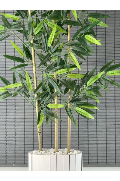 Bahçem Ahşap Saksılı Ayaklı Elips Model Yapay Yoğun Yapraklı Dekoratif Bambu Ağacı 125cm 3 Gövde
