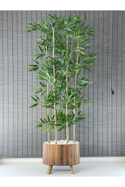 Bahçem Ahşap Saksılı Ayaklı Elips Model Yapay Yoğun Yapraklı Dekoratif Bambu Ağacı 155cm 6 Gövde