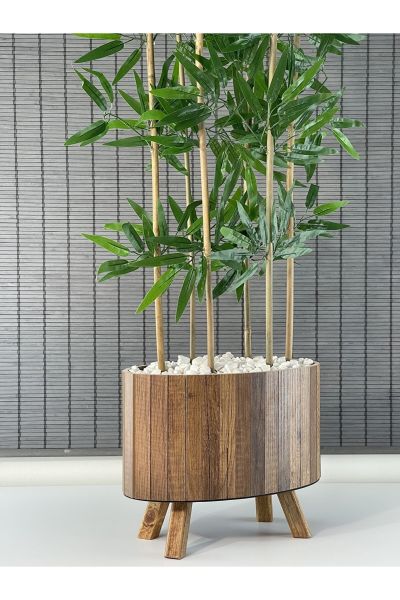 Bahçem Ahşap Saksılı Ayaklı Elips Model Yapay Yoğun Yapraklı Dekoratif Bambu Ağacı 155cm 6 Gövde