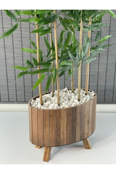 Bahçem Ahşap Saksılı Ayaklı Elips Model Yapay Yoğun Yapraklı Dekoratif Bambu Ağacı 155cm 6 Gövde