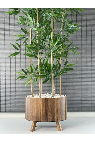 Bahçem Ahşap Saksılı Ayaklı Elips Model Yapay Yoğun Yapraklı Dekoratif Bambu Ağacı 155cm 6 Gövde