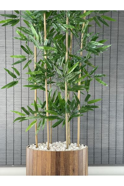Bahçem Ahşap Saksılı Ayaklı Elips Model Yapay Yoğun Yapraklı Dekoratif Bambu Ağacı 155cm 6 Gövde