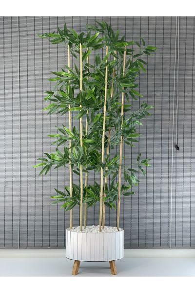 Bahçem Ahşap Saksılı Ayaklı Elips Model Yapay Yoğun Yapraklı Dekoratif Bambu Ağacı 155cm 6 Gövde