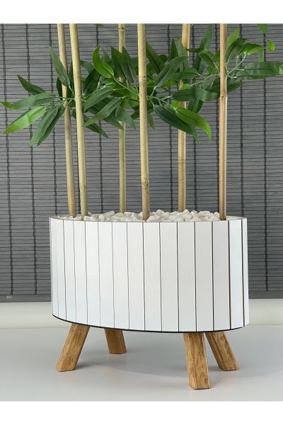 Bahçem Ahşap Saksılı Ayaklı Elips Model Yapay Yoğun Yapraklı Dekoratif Bambu Ağacı 155cm 6 Gövde