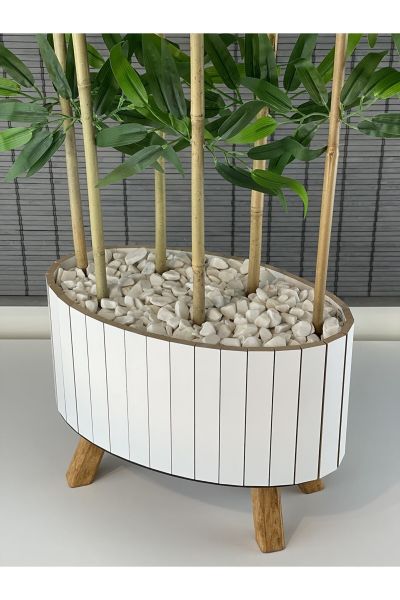 Bahçem Ahşap Saksılı Ayaklı Elips Model Yapay Yoğun Yapraklı Dekoratif Bambu Ağacı 155cm 6 Gövde