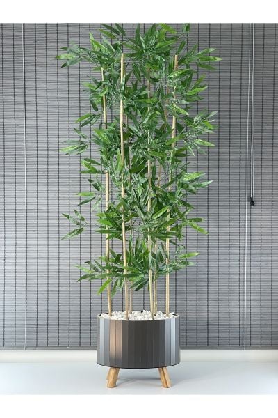 Bahçem Ahşap Saksılı Ayaklı Elips Model Yapay Yoğun Yapraklı Dekoratif Bambu Ağacı 155cm 6 Gövde