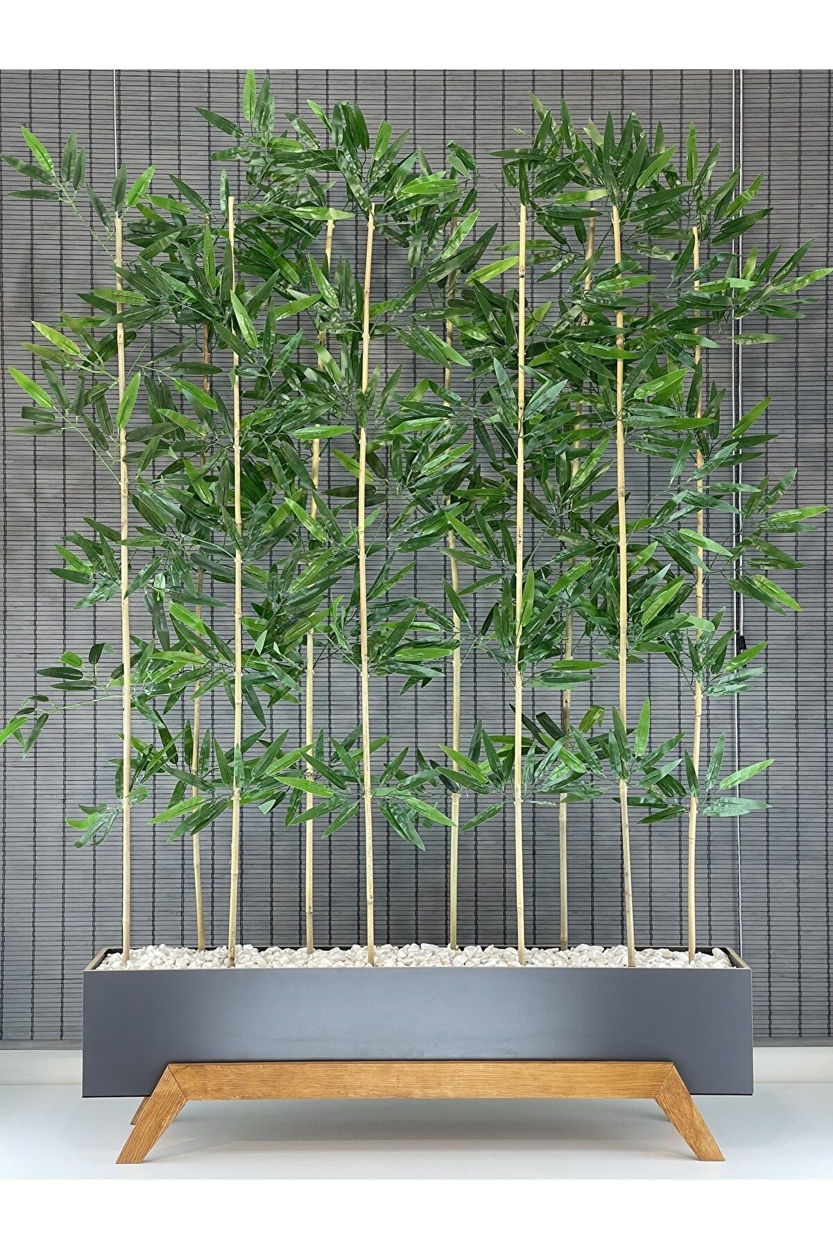 Ahşap 1 Mt Saksılı 10 Gövde 180cm Modern Ayaklı Dikdörtgen Yapay Yapraklı Dekoratif Bambu Seperatör