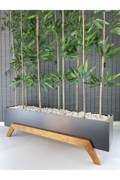 Ahşap 1 Mt Saksılı 10 Gövde 180cm Modern Ayaklı Dikdörtgen Yapay Yapraklı Dekoratif Bambu Seperatör