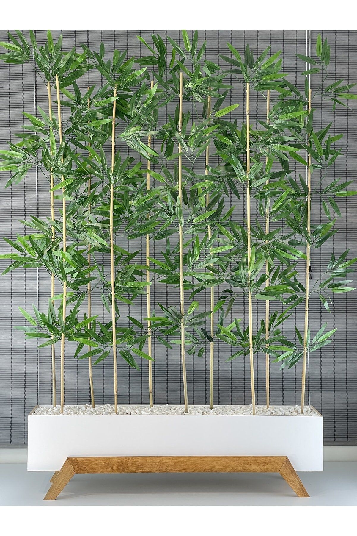 Ahşap 1 Mt Saksılı 10 Gövde Modern Ayaklı Dikdörtgen Yapay Yapraklı Dekoratif Bambu Seperatör 180 cm