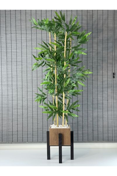 Bahçem Yapay Yoğun Yapraklı Stand Ayaklı Ahşap Saksılı Kare Dekoratif Bambu Ağacı 4 Gövde 125cm