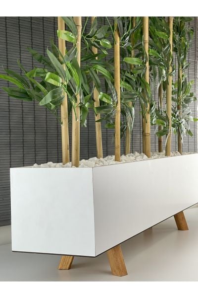 Ahşap Ayaklı 1mt Saksılı 10 Bambu Gövdeli 180cm Dikdörtgen Yapay Yapraklı Dekoratif Bambu Seperatör
