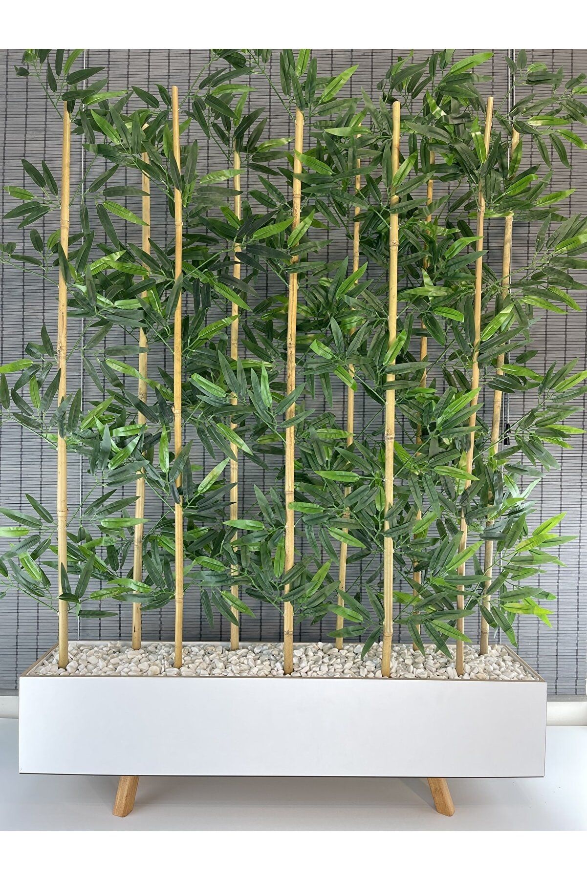 Ahşap Ayaklı 1mt Saksılı 10 Bambu Gövdeli 180cm Dikdörtgen Yapay Yapraklı Dekoratif Bambu Seperatör