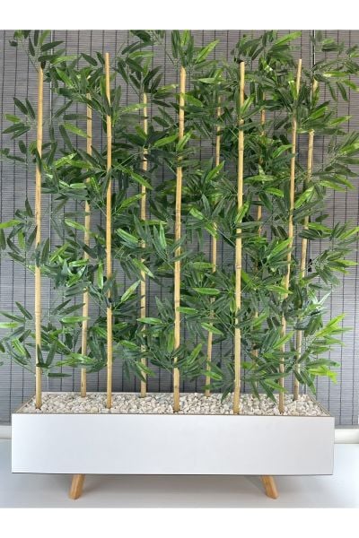 Ahşap Ayaklı 1mt Saksılı 10 Bambu Gövdeli 180cm Dikdörtgen Yapay Yapraklı Dekoratif Bambu Seperatör