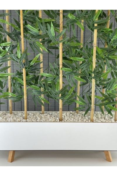 Ahşap Ayaklı 1mt Saksılı 10 Bambu Gövdeli 180cm Dikdörtgen Yapay Yapraklı Dekoratif Bambu Seperatör