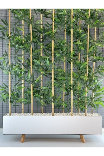 Ahşap Ayaklı 1mt Saksılı 10 Bambu Gövdeli 180cm Dikdörtgen Yapay Yapraklı Dekoratif Bambu Seperatör