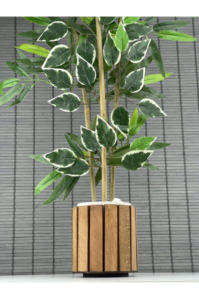 Yapay Yoğun Yapraklı Bambu ve Benjamin Arajman Ahşap Saksılı 80cm 3 Gövde