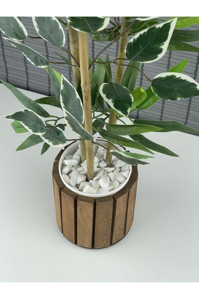 Yapay Yoğun Yapraklı Bambu ve Benjamin Arajman Ahşap Saksılı 80cm 3 Gövde