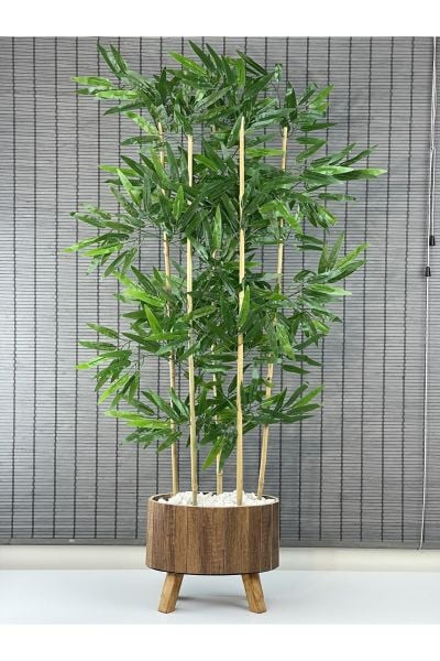 Bahçem Ahşap Saksılı Ayaklı Elips Model Yapay Yoğun Yapraklı Dekoratif Bambu Ağacı 115cm 5 Gövde