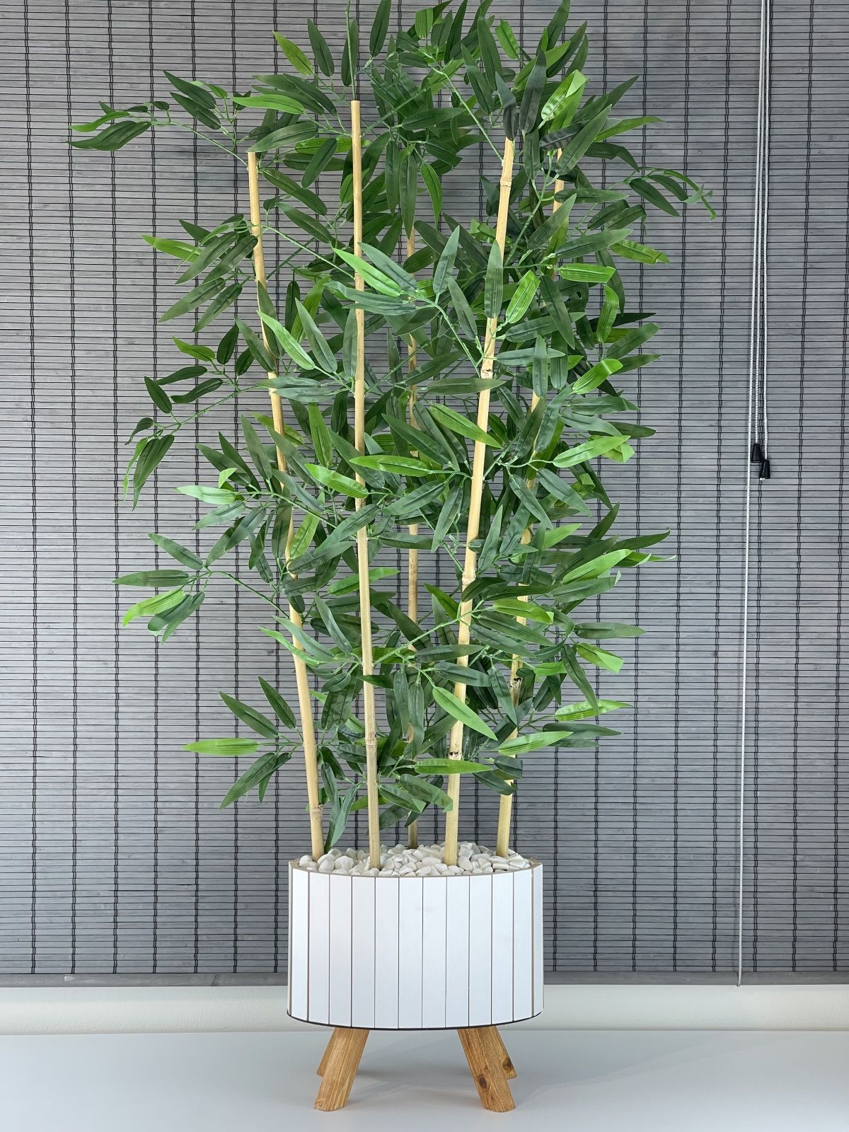 Bahçem Ahşap Saksılı Ayaklı Elips Model Yapay Yoğun Yapraklı Dekoratif Bambu Ağacı 115cm 5 Gövde