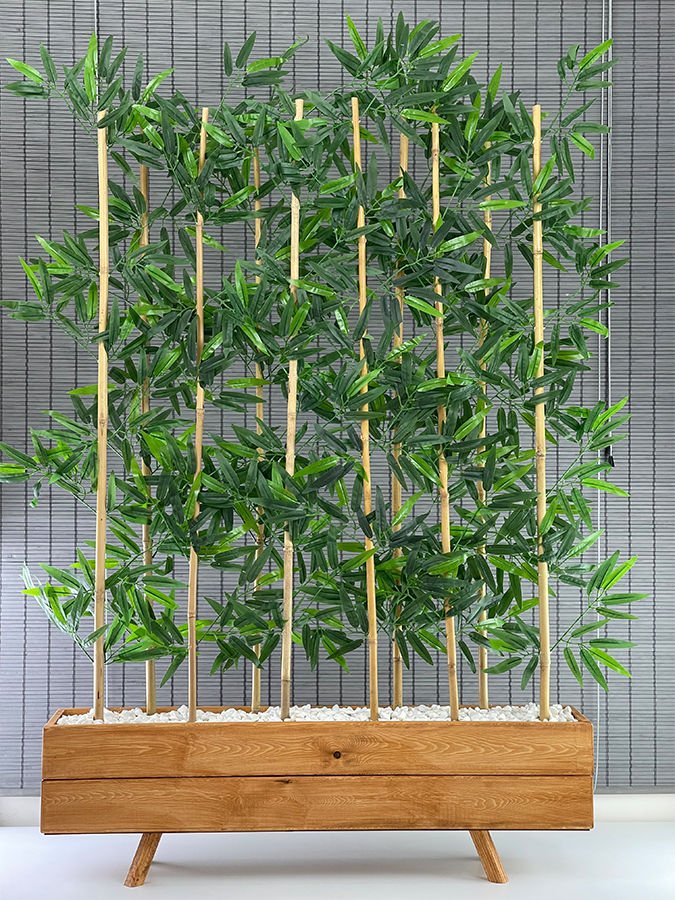 Bahçem Ahşap Çam 1mt Saksılı 10 Bambu Gövdeli 180cm Dikdörtgen Yapay Yapraklı Dekoratif Bambu Seperatör