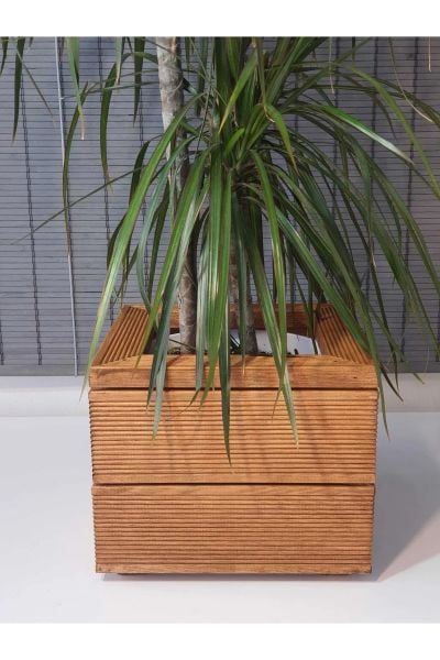 Dekoratif Kare Ahşap Saksı 1.Sınıf İthal Çam Teak İç Saksılı 25x21cm