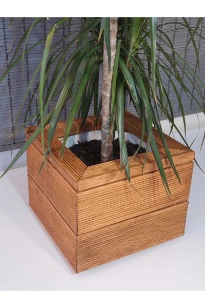 Dekoratif Kare Ahşap Saksı 1.Sınıf İthal Çam Teak İç Saksılı 25x21cm