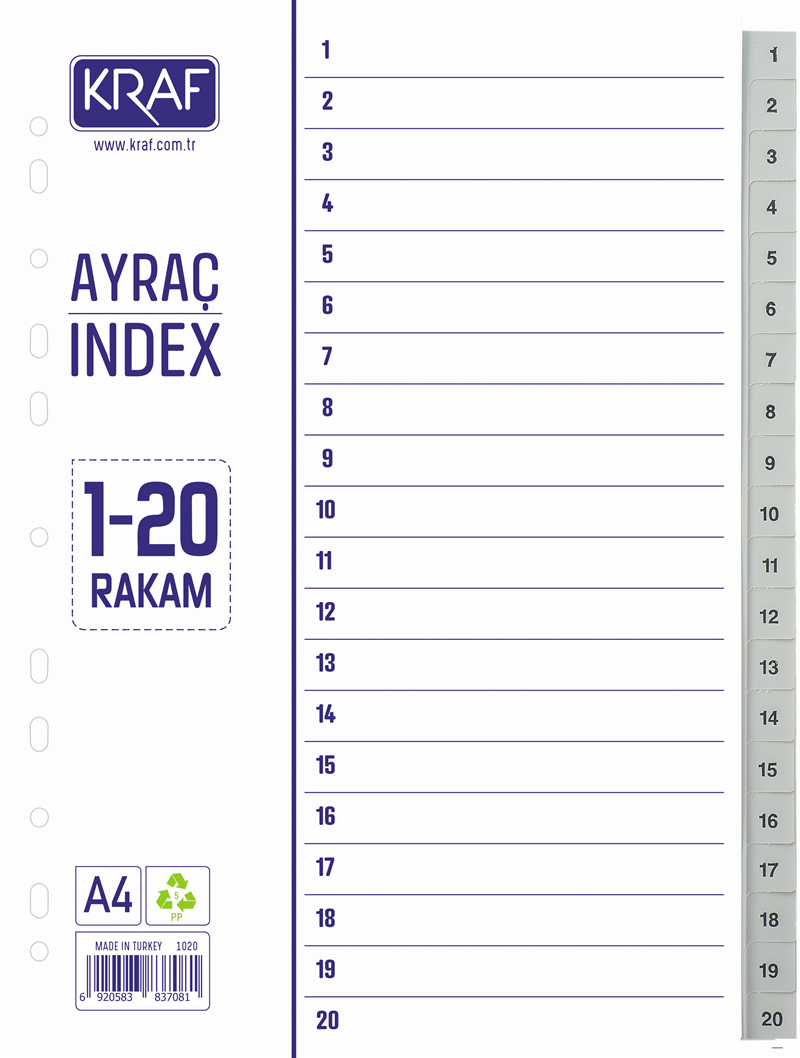 Kraf 1020 1-20 Rakam Dosya Ayraç /Seperatör