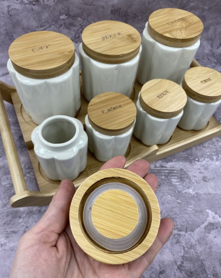 Bambu Tepsili 7li Porselen Baharatlık Takımı