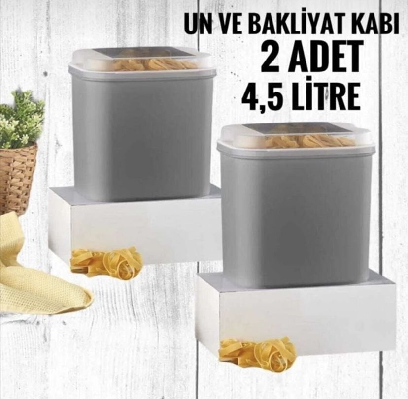 2 Adet VP-034 Masal Un ve Bakliyat Saklama Kabı 4.5 Litre - Gri