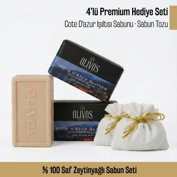 Olivos Parfüm Serisi Cote D'azur Işıltısı Hediye Seti: 2 x 250 gr Katı Sabun + 2 x 100 gr Granül Sabun