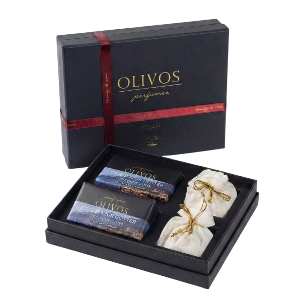 Olivos Parfüm Serisi Cote D'azur Işıltısı Hediye Seti: 2 x 250 gr Katı Sabun + 2 x 100 gr Granül Sabun