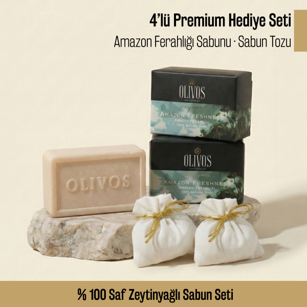Olivos Parfüm Serisi Amazon Ferahlığı Hediye Seti: 2 x 250 gr Katı Sabun + 2 x 100 gr Granül Sabun