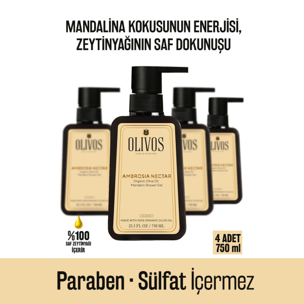 Doğal Zeytinyağlı Mandalina Kokulu Banyo Duş Jeli Zeytinyağı Mandalinalı Nemlendirici 4 ADET 750ML