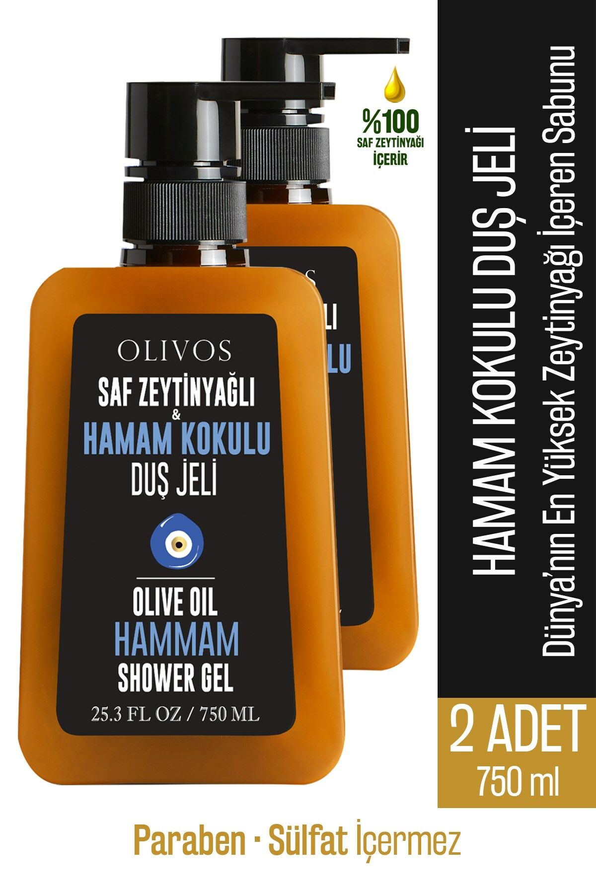 Doğal Zeytinyağlı Hamam Kokulu Banyo Ve Duş Jeli Zeytinyağı Cilt Besleyici Nemlendirici 2 ADET 750ML