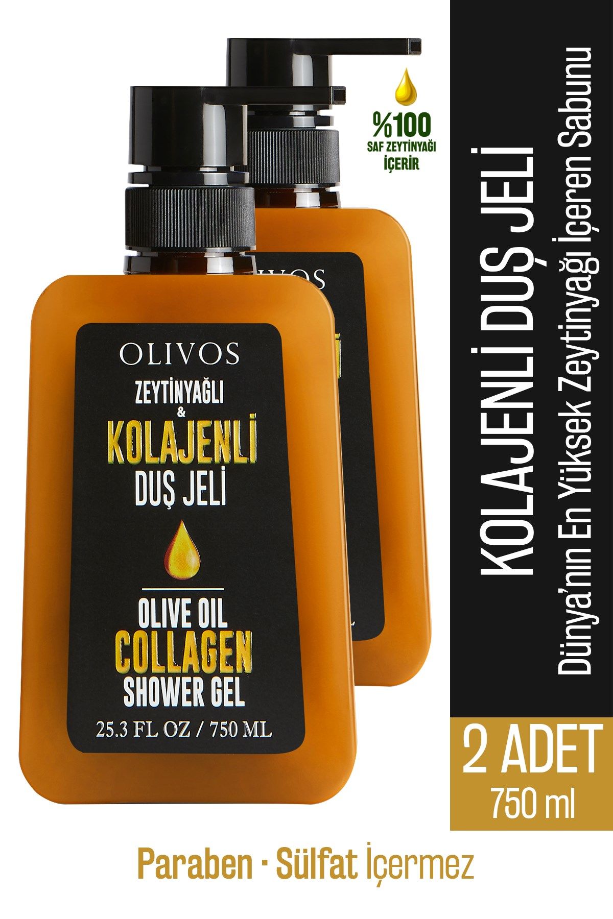 Doğal Zeytinyağlı Kolajenli Banyo Ve Duş Jeli Zeytinyağı Besleyici Cilt Nemlendirici 2 ADET 750ML