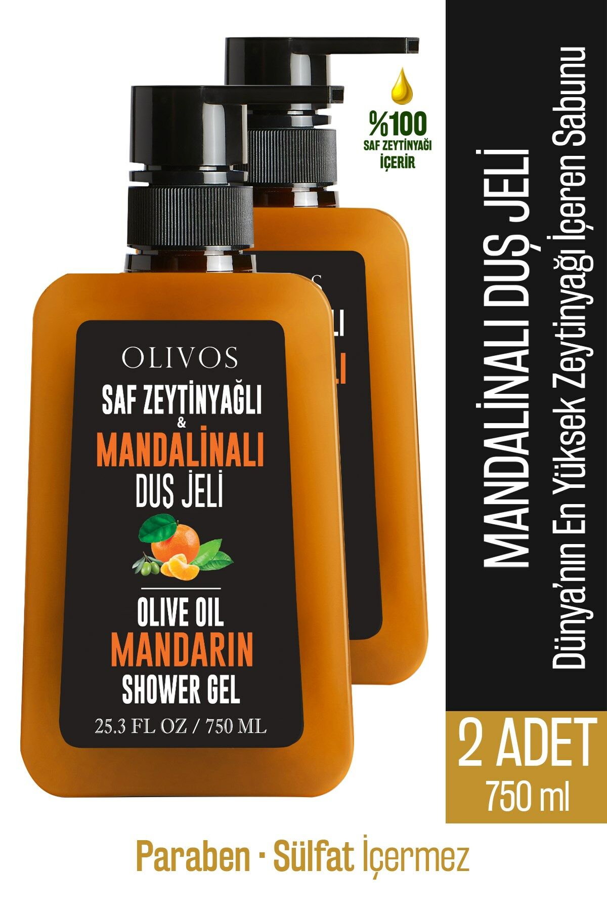 Doğal Zeytinyağlı Mandalina Kokulu Banyo Duş Jeli Zeytinyağı Mandalinalı Nemlendirici 2 ADET 750ML