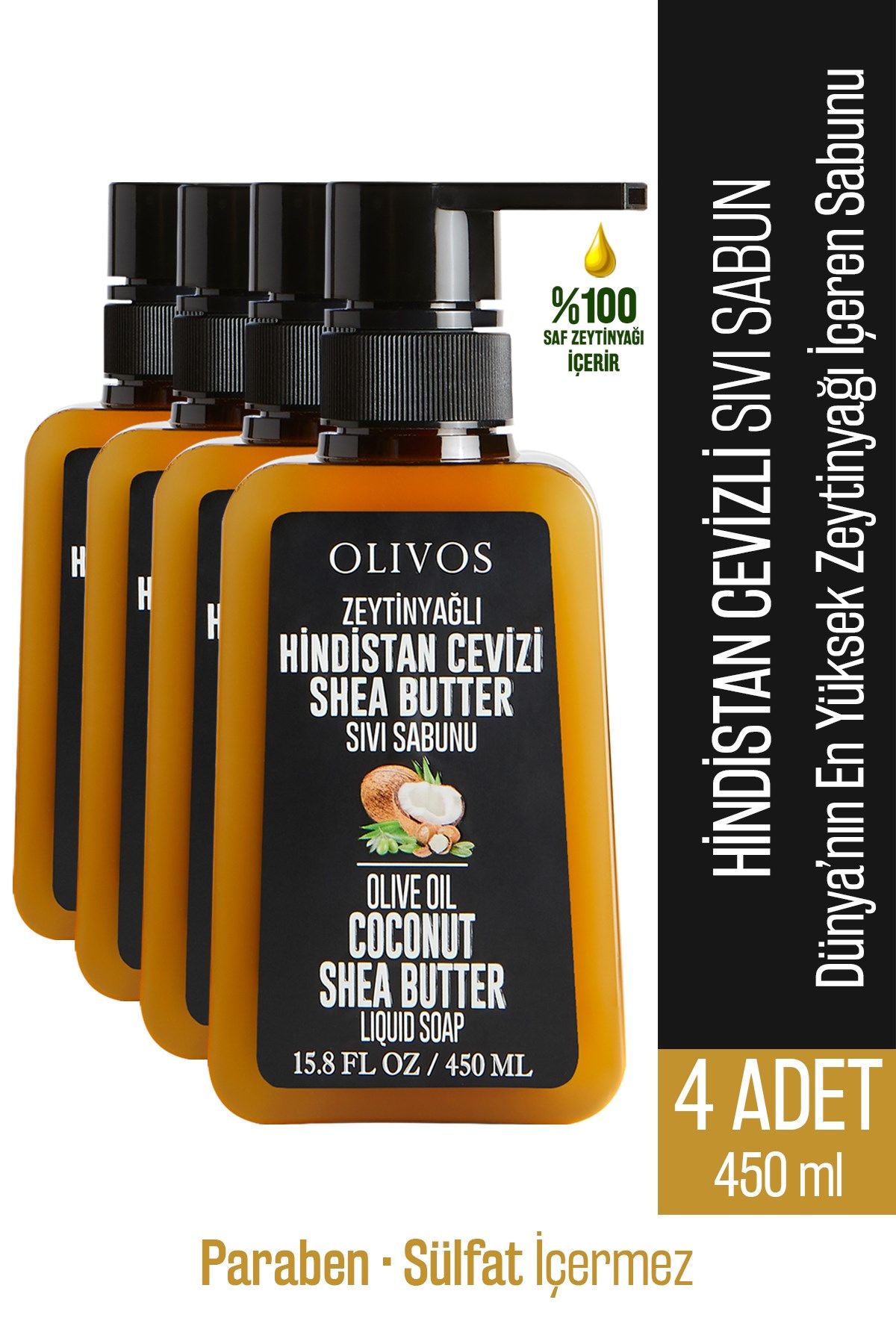 Doğal Zeytinyağlı Hindistan Cevizi Shea Butter Sıvı Sabun Zeytinyağı El Sabunu 4 ADET 450 Ml