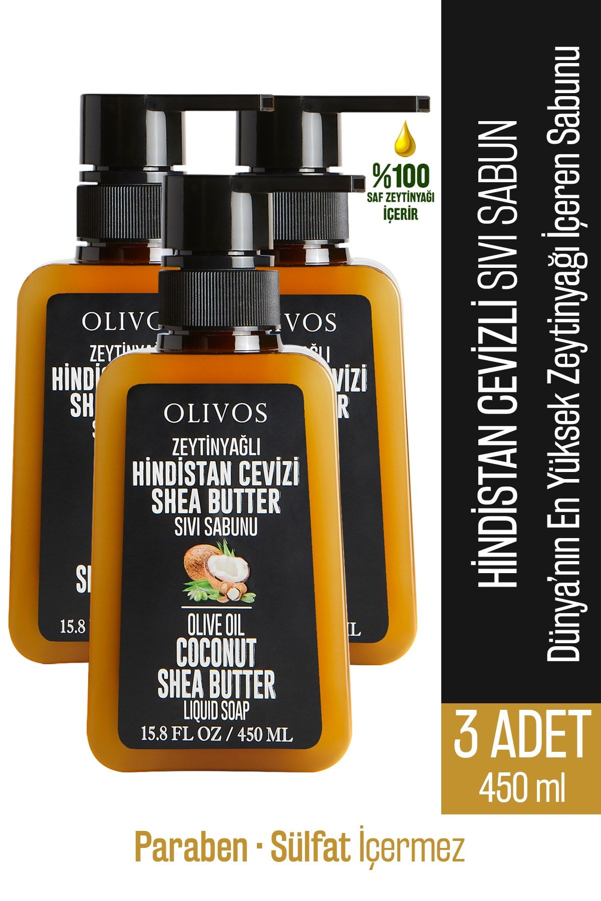 Doğal Zeytinyağlı Hindistan Cevizi Shea Butter Sıvı Sabun Zeytinyağı El Sabunu 3 ADET 450 Ml